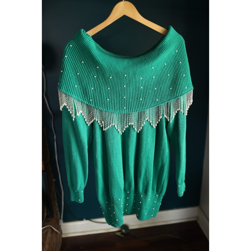 Vintage BEAD FRINGE Cervelle Sweater L Cowl Neck Off Shoulder Teal